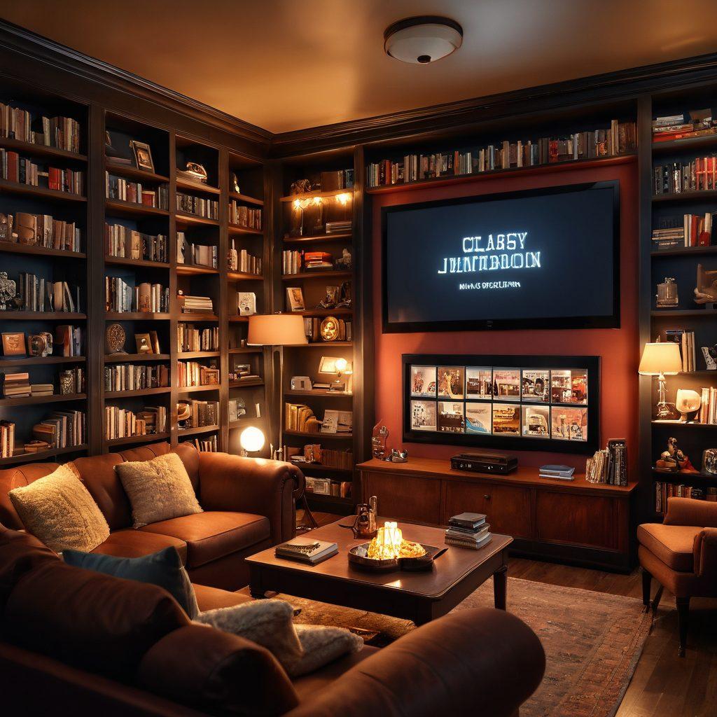 A cozy home library filled with books and movie memorabilia, featuring a large digital screen displaying a variety of classic and modern films. Soft, warm lighting creates an inviting atmosphere as plush seating invites viewers to relax. Include popcorn and a glowing film reel for an extra cinematic touch. vintage style. warm colors. 3D.