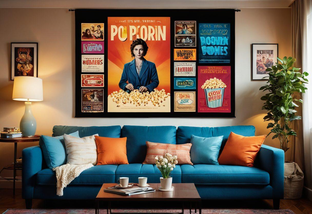 A cozy living room scene featuring a large screen displaying a colorful movie poster, surrounded by popcorn and film reels. A comfy sofa is adorned with cushions, while a soft glow from a lamp sets a warm atmosphere. Include elements like a laptop showcasing a movie download webpage, with a backdrop of classic film posters. vibrant colors. cozy atmosphere. digital art.